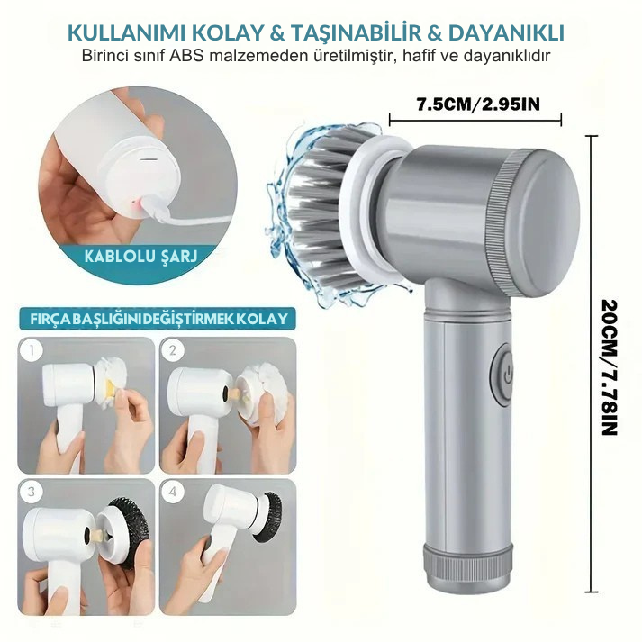 5 Değiştirilebilir Fırça Kafalı Elektrikli Temizlik Fırçası